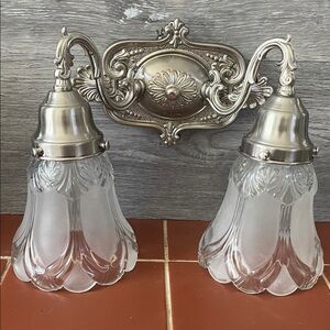 Restoration Hardware Vintage Style Silver Wall Sconce with Frosted Glass Shades